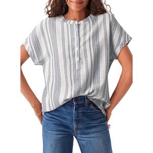 Astylish Womens Striped Henley Neck Linen Shirt Casual Button Down Cap Sleeve Blouse Tops, M