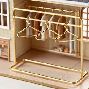 1:12 Dollhouse Metal Garment Rack Set with 3Pcs Gold Clothes Hangers, Dollhouse Mini Clothes Storage Furniture Accessories for Bedroom,Living Room,Shower Supplies