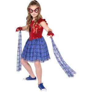 MARVEL Spider-Man Official Youth Halloween Dress - Premium Quality Printed Dress with Fabric Half Mask, Size M (7-8)