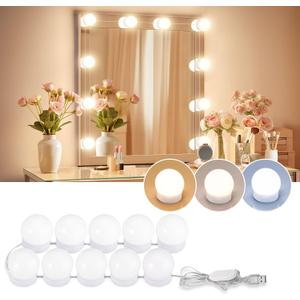 LED Vanity Lights For Mirror, Consciot Hollywood Style With 10 Dimmable Bulbs, Adjustable Color & Brightness, USB Cable, Stick on for Makeup Table Dressing Room Mirror (White)