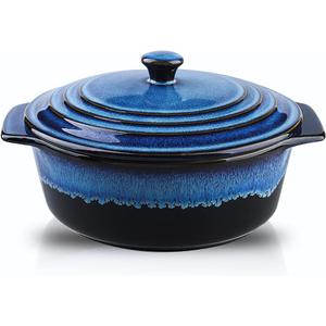 KOOV Ceramic Casserole Dish with Lid Oven Safe, 2 Quart Casserole Dishes, Covered Round Casseroles Dish Set, 9 inch Baking dish With Lid for Dinner, Deep Casseroles Cookware Set, Reactive Glaze (Nebula Blue)