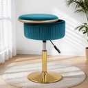 LITZFUR Adjustable Vanity Stool with Storage, 360 Swivel Gold Chair, Velvet Small Round Ottoman Footrest for Bathroom, Makeup Room, Blue