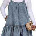 Women Denim Cami Dress Tie Shoulder Ruffle Hem Short Dresses Babydoll Wash Jean Sundress with Pocket (Blue, XL)