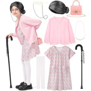 FancyFun 8 Pcs Old Lady Costume for Kids, 100 Days of School Costume for Girls Grandma Wig Granny Outfit Old Person Dress Up Set A 5-7Y