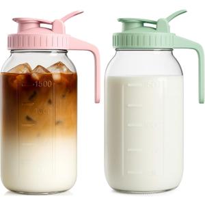 2 Pack - 64oz Glass Breast Milk Pitcher with Lid & Spout, Leakproof Mason Jar Breastmilk Pitcher - Wide Mouth, Airtight 2 Quart Water Jug for Milk Storage, Breastmilk, Sun Tea, Iced Coffee, Juice