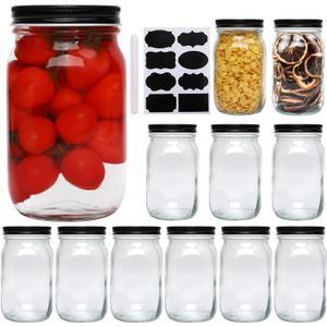 QAPPDA 32 OZ Glass Jars with Lids Set of 12,Clear Wide Mouth 1000ML Glass Mason Jar with Airtight Lid,Durable Glass Food Storage Canning Jars for Pickles,Jams,Preserving