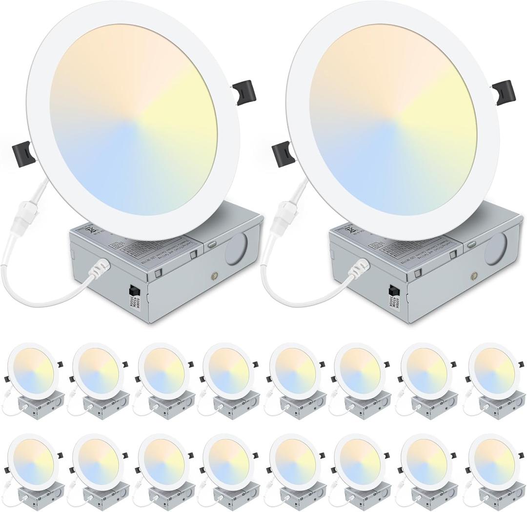 8 Inch Recessed LED Light: 18 Packs Ultra Thin LED Recessed Lighting with Junction Box, 3000K/4500K/6000K Selectable, 2700K-5000K, High Brightness 1800LM Dimmable Canless LED Downlight
