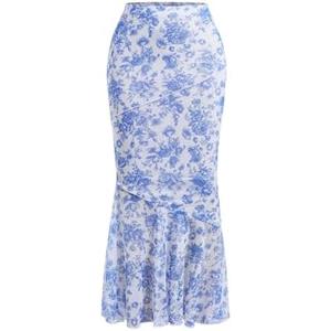 Milumia Women's Floral Mesh Ruffle Hem Maxi Skirt High Waisted Fishtail Long Skirts, Size XS