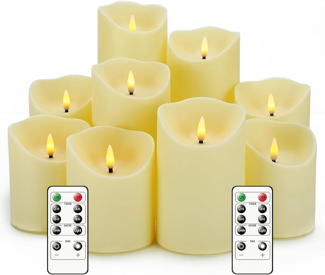Nimiko Flameless Candles with Remote, Battery Operated Flickering Flameless Candles, LED Candles with Timer 2/4/6/8H, with Realistic LED Candles Set of 9 (D3 x H 3" 4" 5" 6" 7") (Ivory)