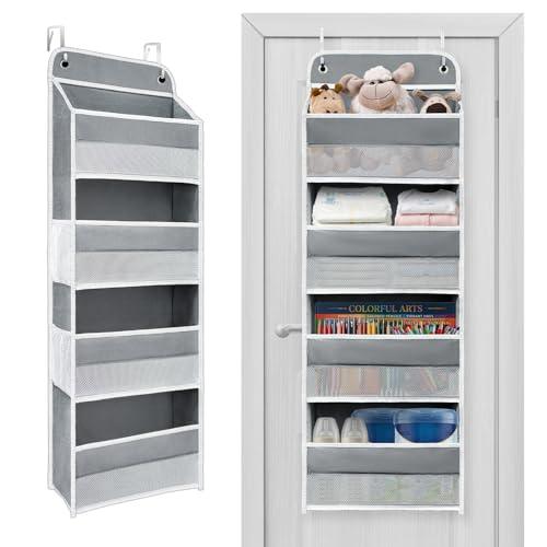 Over The Door Organizer with LifetimeWarranty, 4 Shelves & 4 Side Pockets, Large Storage Rack Holds 44lb, Heavy-Duty Reinforced Mesh Shelf for Bathroom, Closet, Toy Organization, Shoes, Towels, Grey
