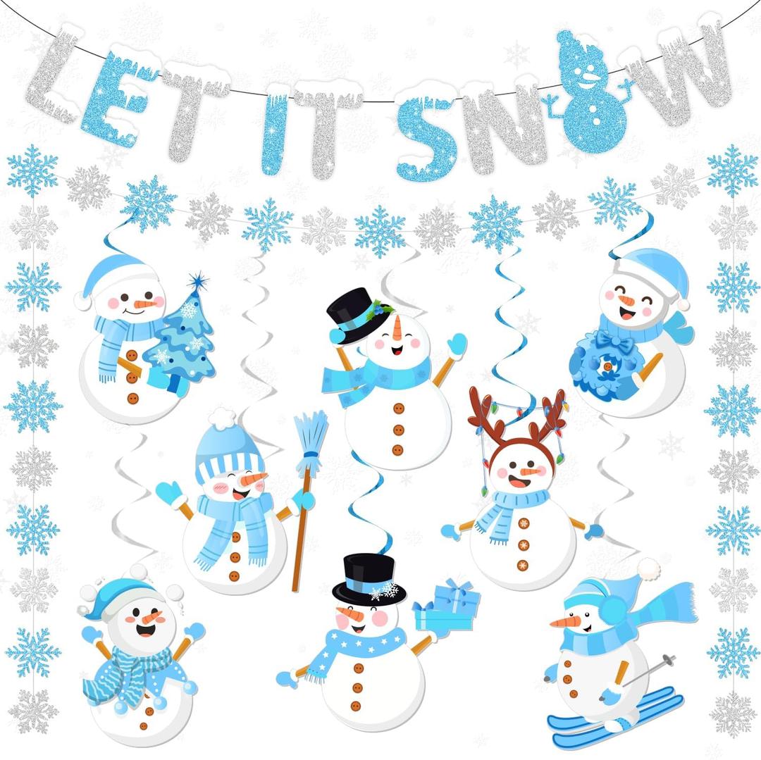 3 x Snowflake Party Decorations,Winter Wonderland Decorations Includes Let it Snow Banner,Snow Garland and Christmas Snowman Hanging Swirls, Let It Snow's Party Decorations for Indoor Winter Holiday