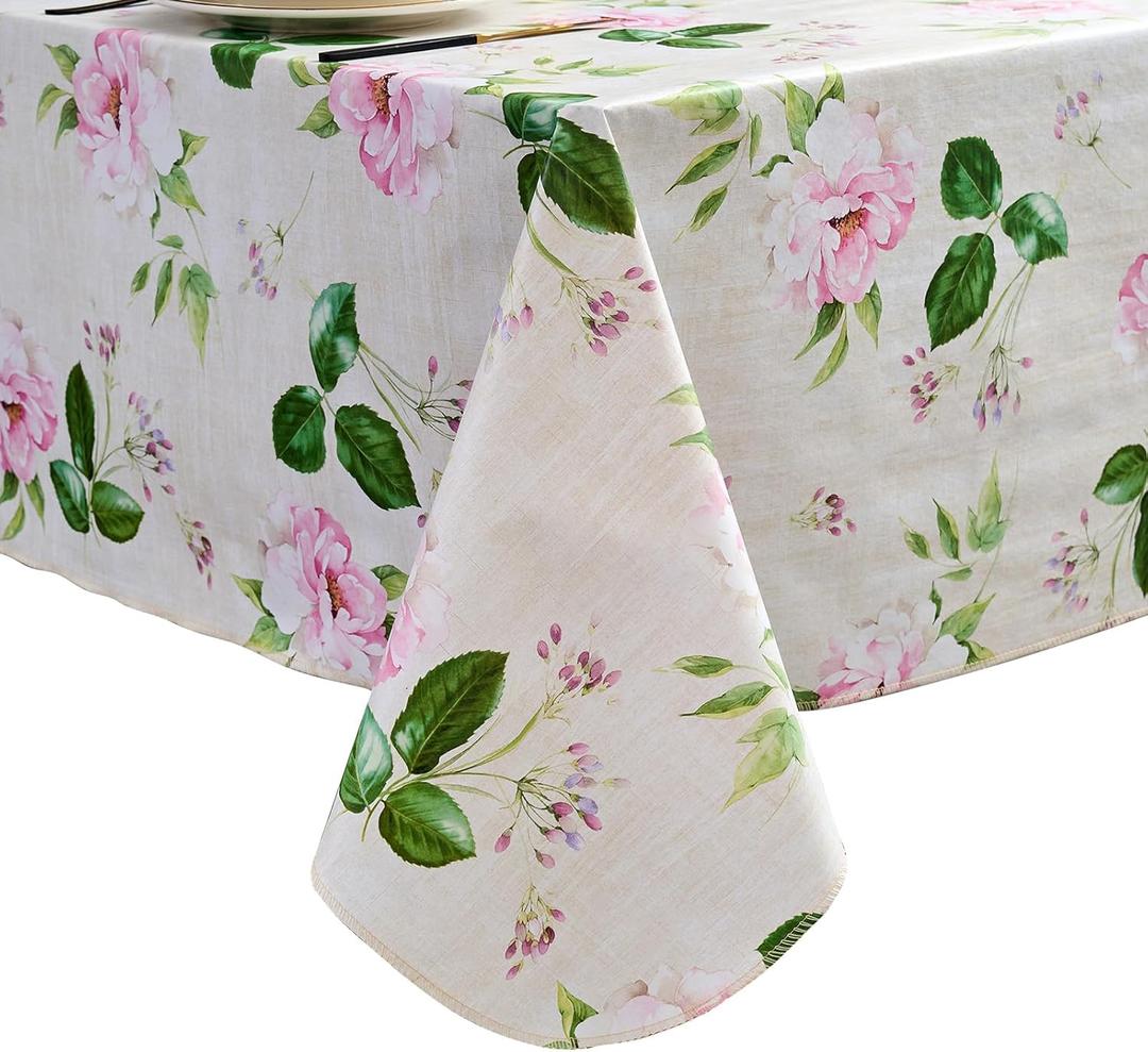 LIBERECOO Reinforced Vinyl Tablecloth with Flannel Backing Waterproof Oil-Proof Floral Plastic Table Cloth Stain-Resistant Wipeable Table Cover Not Stiff