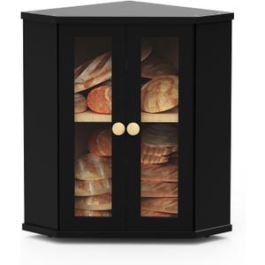 Corner Bread Box for Kitchen Countertop, Large Wood Bread Storage Container Breadbox for Homemade Bread, Kitchen Counter Bread Bin for Utensil Cans Snacks Storage (Black)