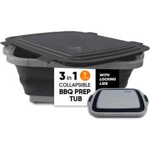 6 x BBQ Prep Tub Collapsible X-Large with Cutting Board, Locking Lid Meal Prep Food Prep Containers with Lids for Resting Meat 3 Adjustable Height - Ideal for Camping, Picnic, Dish Basin