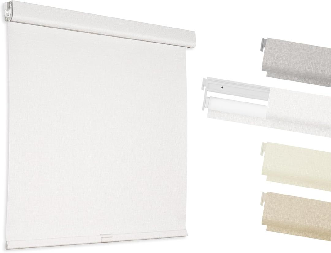 HESTIA No Drill Cordless Blackout Roller Shades for Windows, Heat Insulated Privacy Jacquard Fabric Blinds with Valance for Bedroom and Home Office, White, 31" W x 72" H
