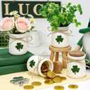 St Patricks Day Decorations-4pcs St.Patrick's Day Ceramic Mini Jars with 12Pcs Artificial Shamrock -Mini Jar for St Patricks Day Home Kitchen Table, Tiered Tray Decoration (White)