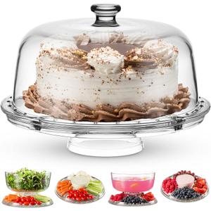 Godinger Cake Stand and Serving Plate Platter with Dome Lid, 6 in 1 Multi-Purpose Use, Crystal Glass Footed Cake Stand, Salad Bowl, Cake Plate, Fruit Platter - Made in Italy