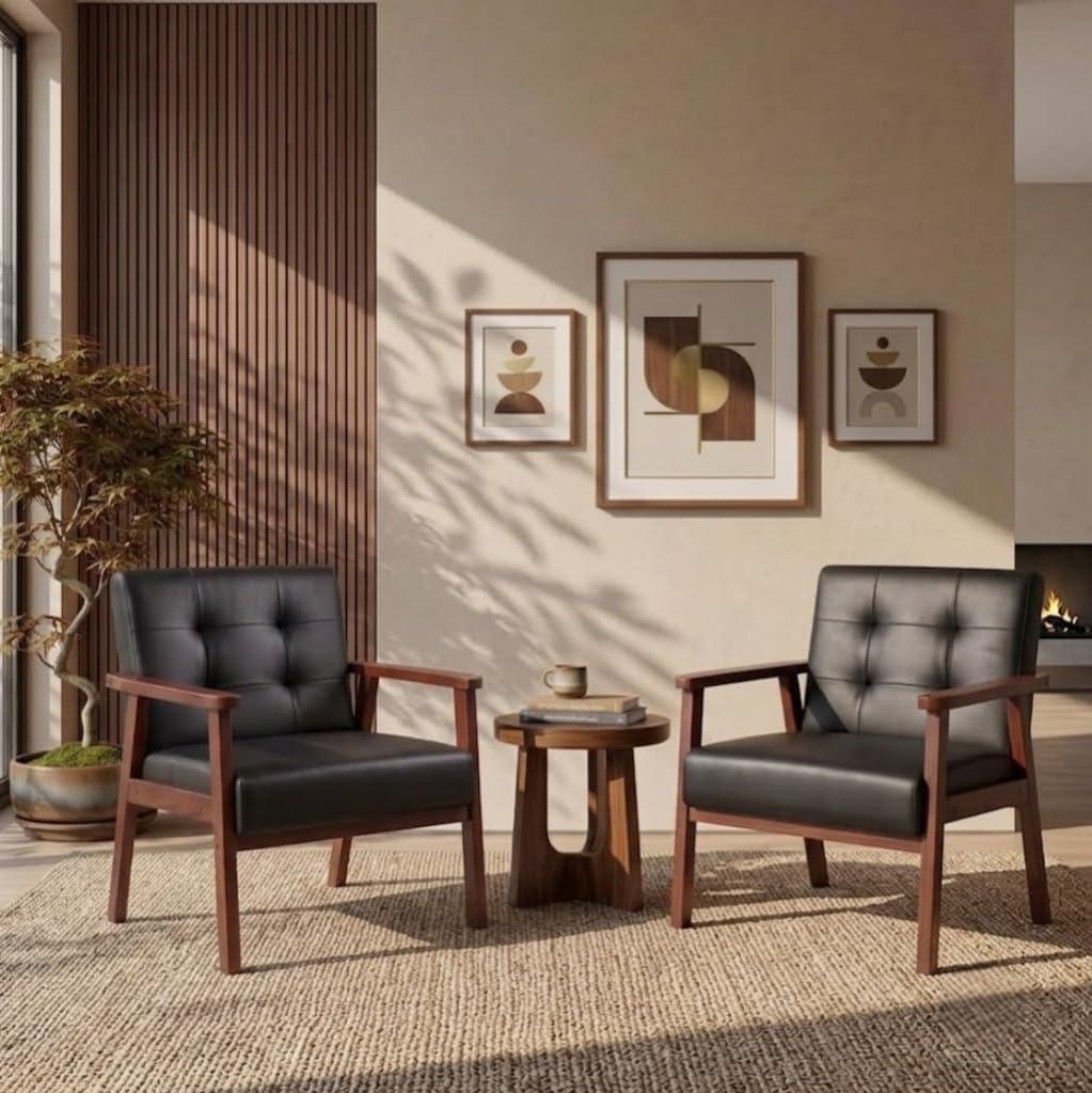 Retro Leather Accent Chairs Set of 2, Arm Lounge Chairs for Home