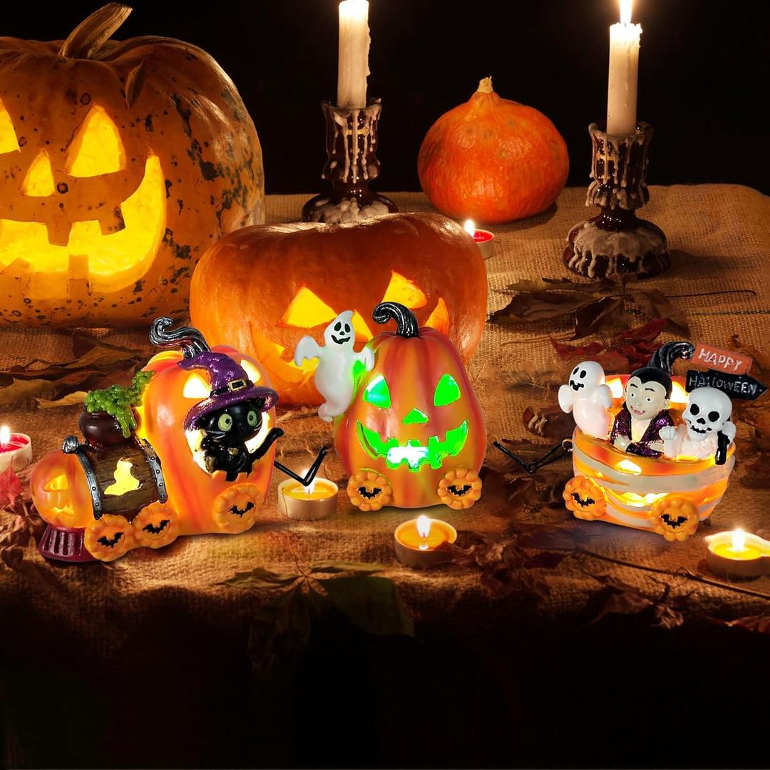 Hexagram Halloween Table Decorations Lighted Train, Halloween Centerpieces for Tables Pumpkin Decor with Black Cat Ghost Figurines, Indoor Outdoor Home Tabletop Decor (12"x2.8"x3.6")