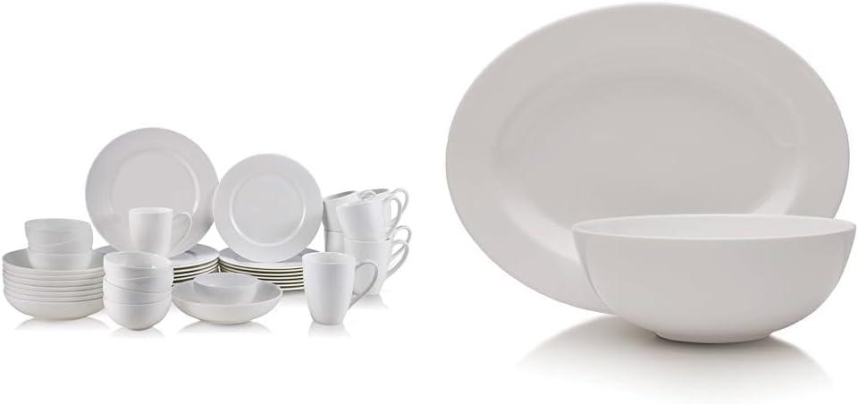 Mikasa Annabele Chip Resistant 40-Piece Dinnerware Set, Service For 8,White & Delray 14-Inch Oval Platter and 9-Inch Vegetable Bowl Set, White -