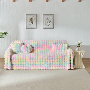 3D Bubble Mat Faux Fur Couch Cover,Thick Faux Rabbit Fur Couch Cover,L Shaped Sofa Slipcovers for Home Decoration and Dogs,Cats(Rainbow, 71" x 118")