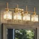 Torondo Modern Crystal Bathroom Vanity Light 4-Lights Brushed Gold Bathroom Light Fixtures Over Mirror Brushed Gold Vanity Lighting Fixtures Square Shade Brass Wall Sconce (Bulbs Not Include)