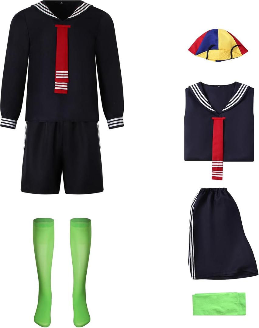 Adults Chavo Costume Stripe T-Shirt Pants Suspenders with Hat Sets Cosplay Uniform Outfits (Small, Black)