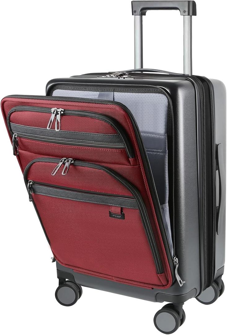 KROSER Hardside Expandable Carry On Luggage 22x14x9 Airline Approved With Front Business Pockets, 20 Inch Suitcases with Wheels, Carry on Suitcase with TSA Lock & USB Port, Black-Dark Red