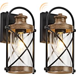 Dusk to Dawn Outdoor Wall Lights Fixtures, Waterproof Exterior Lighting Fixtures with Photocell Sensor,Vintage Faux Wood Grain Metal Cage Lantern Outside Lights for Porch Patio House Garage2 Pack
