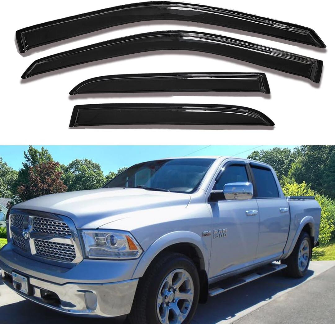 Side Window Visors rain Guards Vent Deflectors Compatible with Dodge Ram 1500 Crew Cab 2009-2018, Ram 2500/3500 Crew/Mega Cab 2010-2025, 2019-2024 Ram 1500 Classic Crew Cab, Truck Accessories 94109