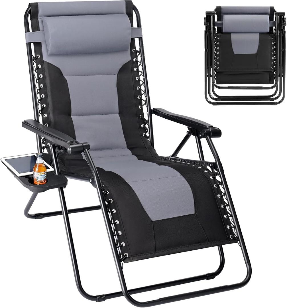 Sweetcrispy Zero Gravity Chairs, Foldable Patio Reclining Chairs with Adjustable Pillow & Cup Holder, Oversized Portable Support 400 lbs, for Backyard Camping(Black-Gray), 62.2*29.13*41.73inch