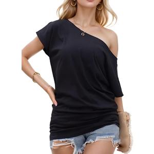 Teepie Off The Shoulder Tops for Women Short Sleeve Shirts Oversized Tshirts Date Night Flowy Boat Neck Tops XL