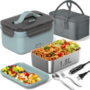 Electric Heated Lunch Box for Car, Truck, Home  1.8L 100W Portable Food Warmer with 12V/24V/110V/220V Plug  Stainless Steel Leakproof Container  Hot Meal Solution for Work, Travel, Jobsite, Camping (Bule & Gray)