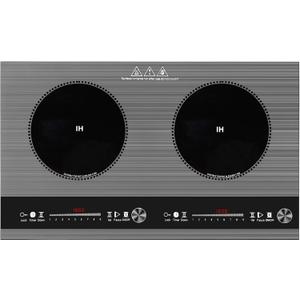 2 burner induction cooktop,110V 3000W 2 burner induction plate with Brushed Panel LED Knob Control, induction stove top with 9 Power Levels, Kids Lock & Timer,24 Inch double induction cooktop