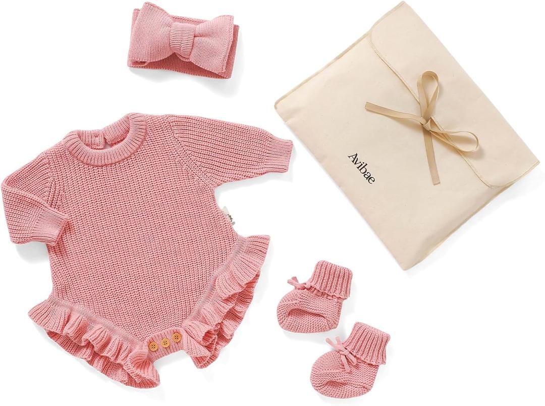 Avibae Cotton Newborns Set with Knit Sweater, Hair Band, Booties for Baby Girls, Warm Cute Infant 3 Piece Set (Pink, 0-1M)