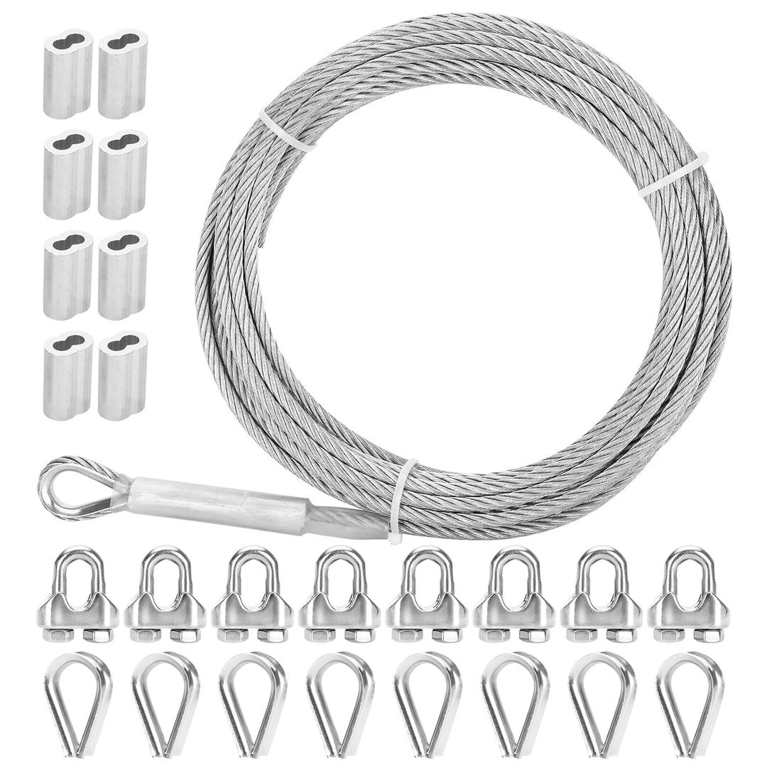 Thickened 3/16" 25ft Stainless Steel Cable with Wire Rope Clip, Thimble and Aluminum Crimping Loop Sleeve, 7X19 Strands Aircraft Cable, 3700lbs Breaking Strength for Deck Railing, String Lights
