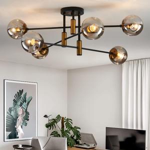 6-Light Glass Globe Sputnik Chandelier Modern Matte Black and Gold Ceiling Light Fixture Vintage Hanging Chandeliers for Farmhouse Living Room, Kitchen Dining Room Bedroom