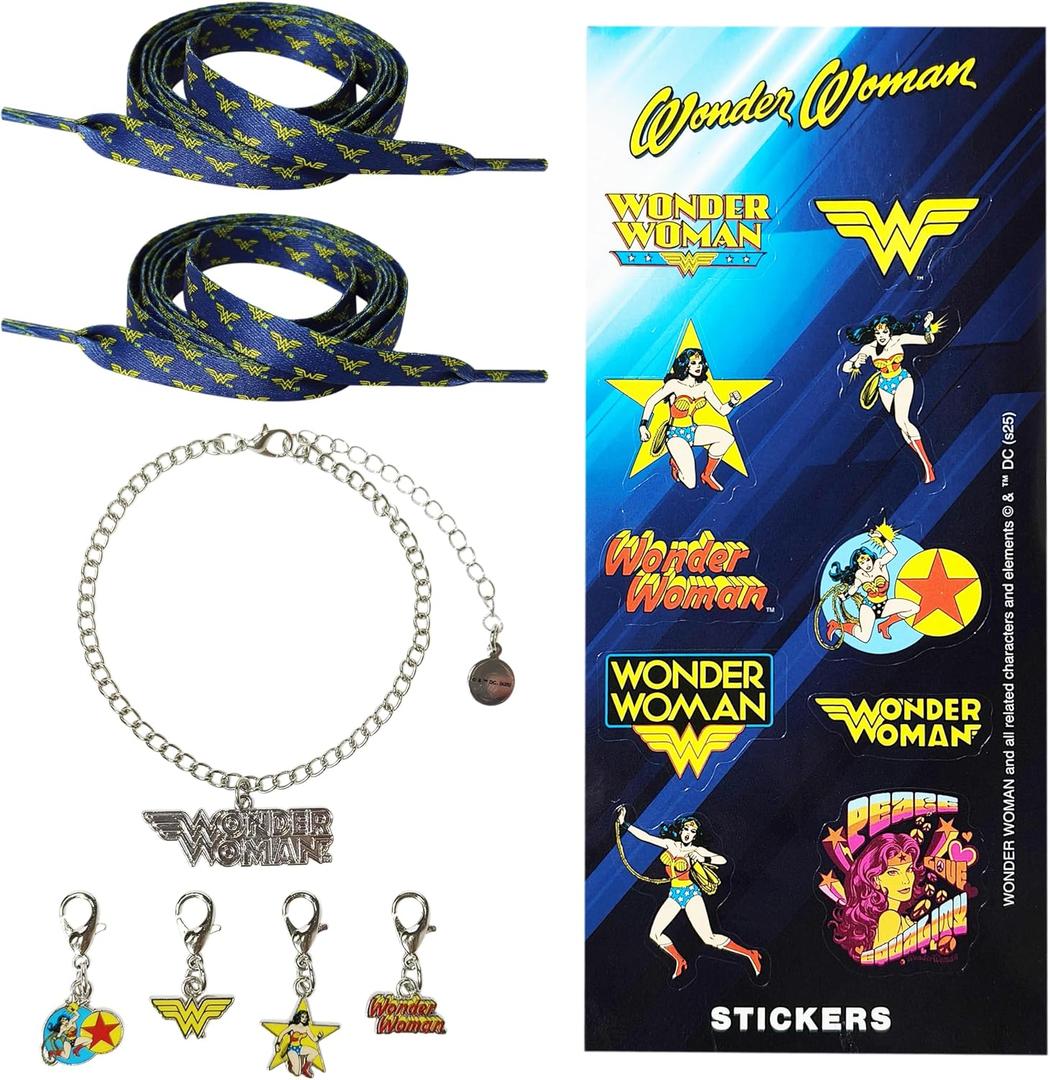 LUV HER Wonder Woman Shoelace & Sticker Gift Set for Kids Includes 2 Shoelaces, 10 Die-Cut Stickers and 4 Character Charms Officially Licensed (Blue)