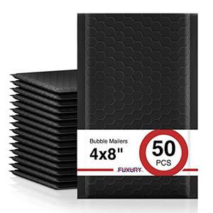 Fuxury Bubble Mailers 4x8 Inch 50Pcs Black Bubble Envelopes, Self-Seal Adhesive, Water Resistance, Strong Padded Envelopes for Small Items, Small Business, Shipping Bags, Packaging, Mailing Bulk #000