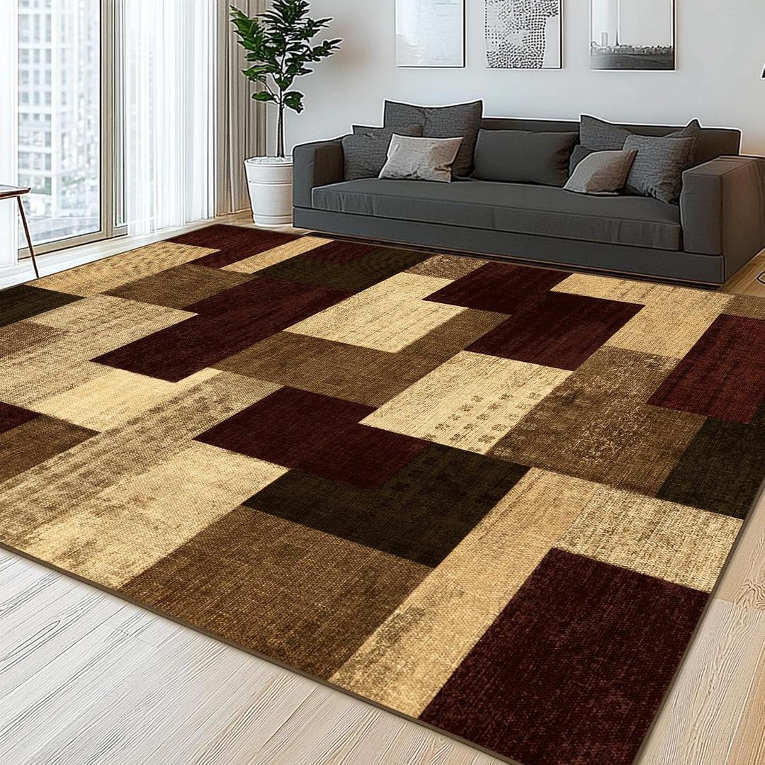 Modern Geometric Patchwork Indoor Area Rug for Living Room, Red 8x10 Large Rug Rockwood Collection Hardwood Floors Decor for Bedroom, Burgundy Throw Carpet for Office Entryway Dining Room