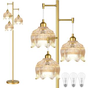Gold Floor Lamps for Living Room Bedroom-3 Light Glass Floor Lamp with Three Led Bulb,Mid Century Standing Lamp Vintage Brass Tall Lamp Tree Floor Lamp for Bedroom Corner (Amber-Lotus)
