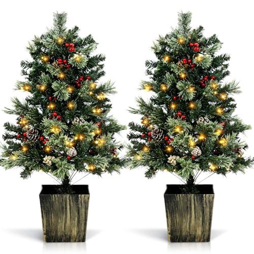 Lunmon 2 Pack 4FT Small Mini Pre-Lit Christmas Trees Potted Artificial with 160 Lush Branch Tips 100 LED Warm Lights, Pine Cones and Berries for Holiday Xmas Gift Home Decor, 8-Mode Timer Battery Box