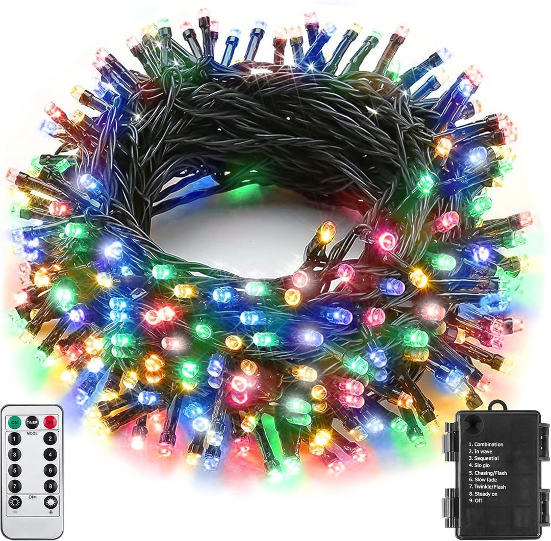 Battery String Lights Outdoor 33Ft 100 LED Fairy Lights for Indoor Outdoor Waterproof with Remote Timer 8Modes Battery Operated Christmas Lights for Outside Party Garden Christmas Tree Dcor (Multicolor)
