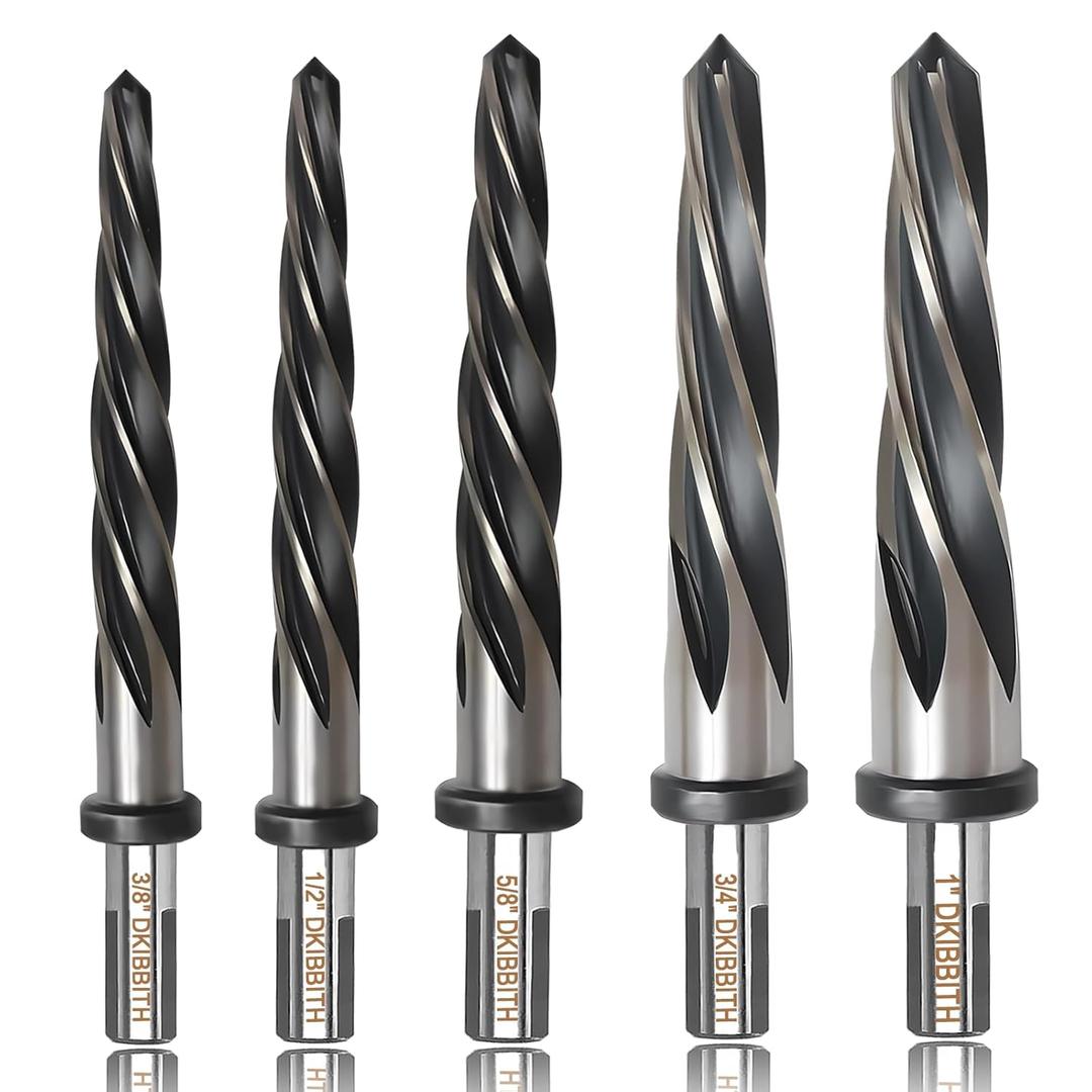 5 PCS M2 HSS Taper Chucking Reamer Set, 1/2" 3-Flat Round Shank Bridge/Construction Reamer Drill Bits for Steel, Metal, Wood, Alloy - Align and Enlarge Existing Holes to 3/8", 1/2", 5/8", 3/4", 1"