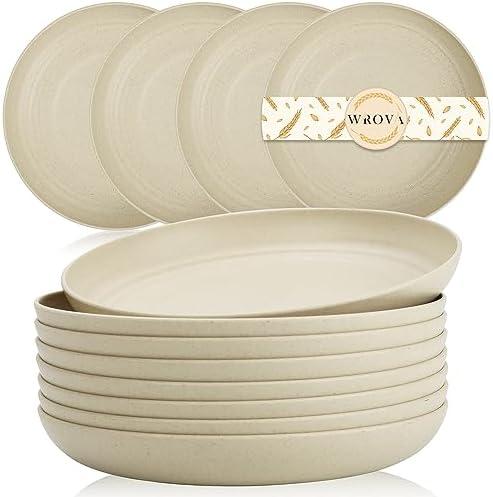 Wrova Wheat Straw Plates - 8 Inch Unbreakable Dinner Plates Set of 4 - Dishwasher & Microwave Safe Plastic Plates Reusable - Lightweight Small Plates for kitchen,R.V. (Beige)