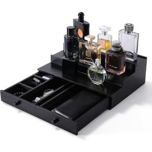 Cologne Organizer for Men, 3-Tier Cologne Stand with Drawer and Hidden Compartment, Wooden Cologne Shelf for Perfume Display Holder, Great Gift for Men, Black