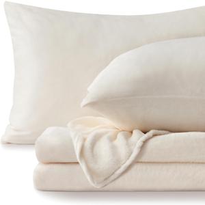 BEDELITE Flannel Sheets Queen Size White Super Soft Fleece Sheets Set Fluffy Extra Plush, 4 Piece (Includes Fitted Sheet, Flat Sheet, 2 Pillowcases)