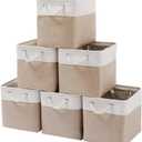 MidmmVick 11 x 11 Inch Cube Storage Bins, 6 Pack Large Collapsible Fabric Storage Bin with Ropes, Foldable Storage Cubes for Home, Office,Closet, Clothes, Toys Organizer (White & Beige-11"x11"x11")