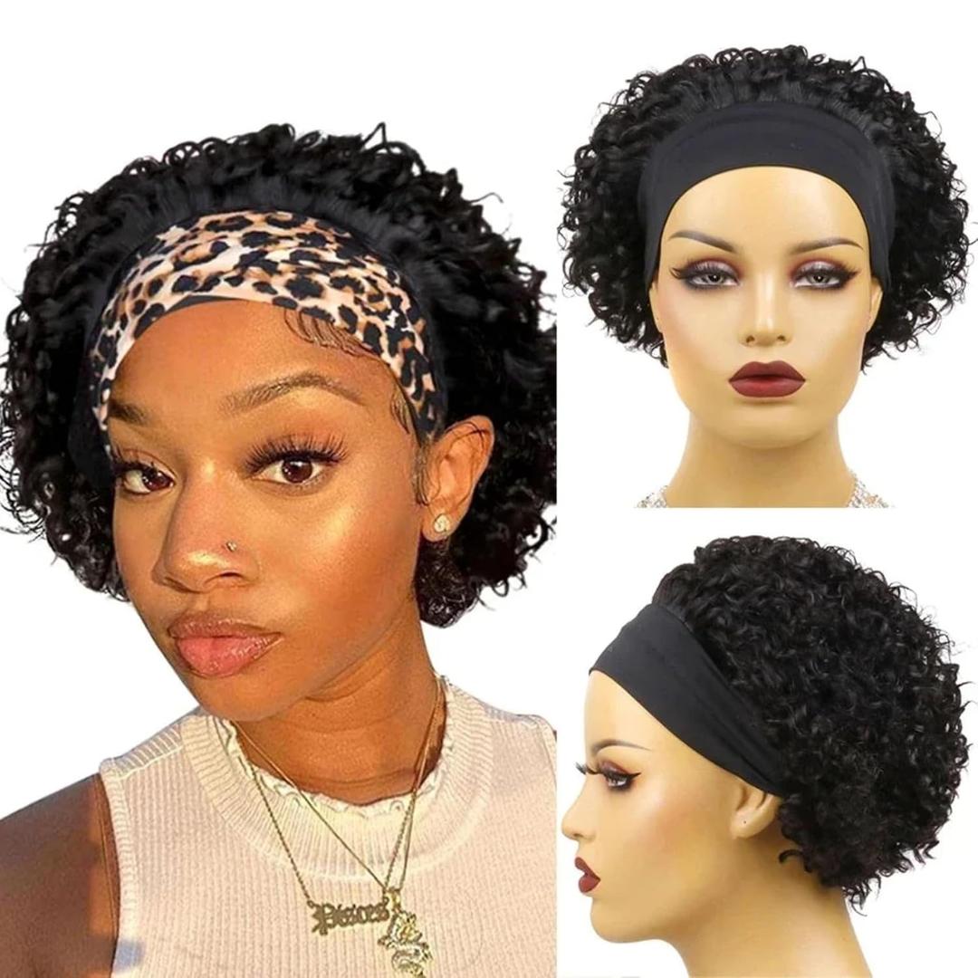 Headband Wig Human Hair Wigs for Black Women, 6" Wear and Go Glueless Pixie Cut Headband Wigs for Black Women Short Curly Human Hair Wigs