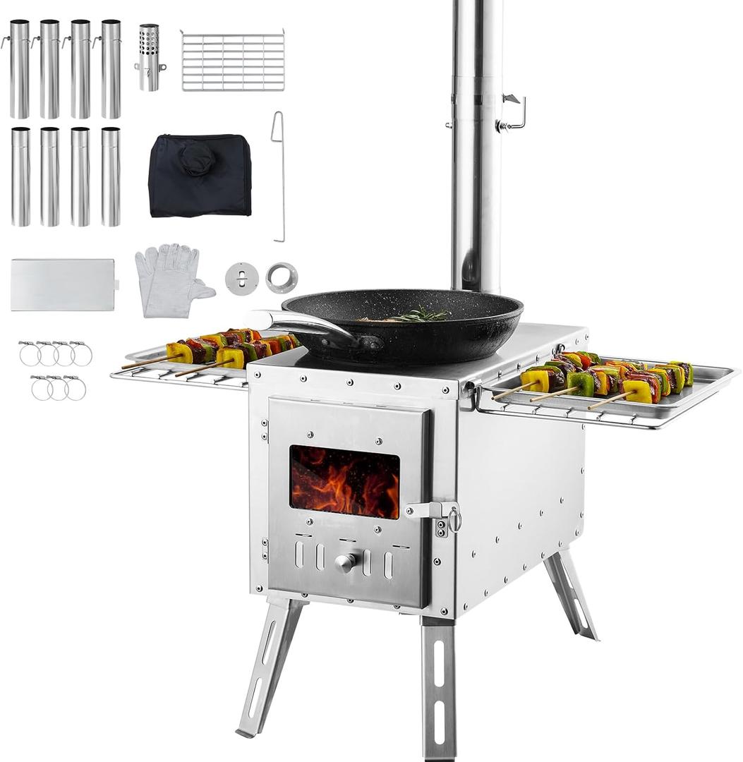 VEVOR Camping Wood Stove Stainless Steel Camping Tent Stove, Portable Wood Burning Stove with Chimney Pipes & Gloves, 1646inFirebox Hot Tent Stove for Outdoor Cooking and Heating with 8 Pipes (16.06"x9.65"x9.45",26.9L, Silver)